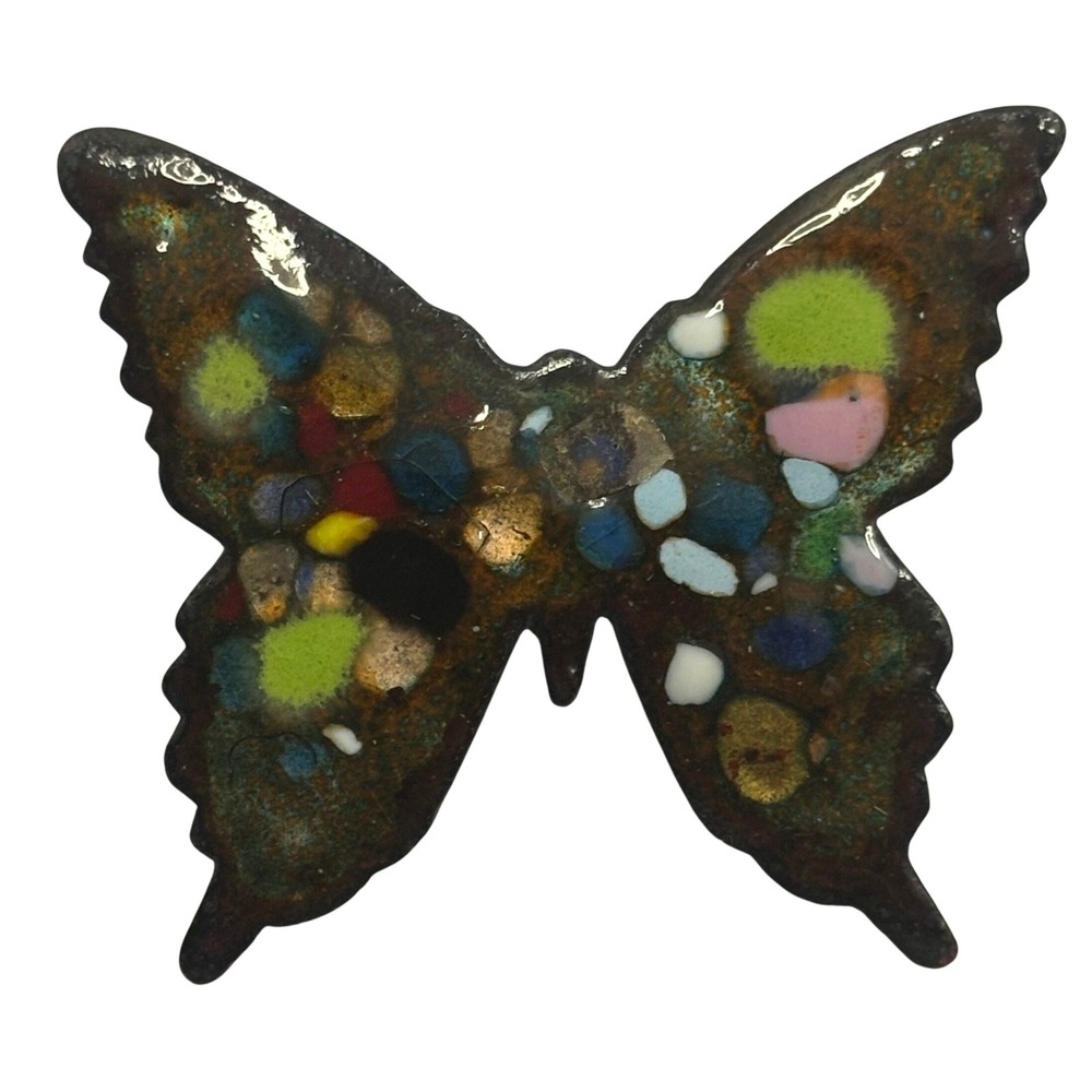 Vintage Enamel on Copper Butterfly Brooch Multicolor Handcrafted Art Pin 2 Inch